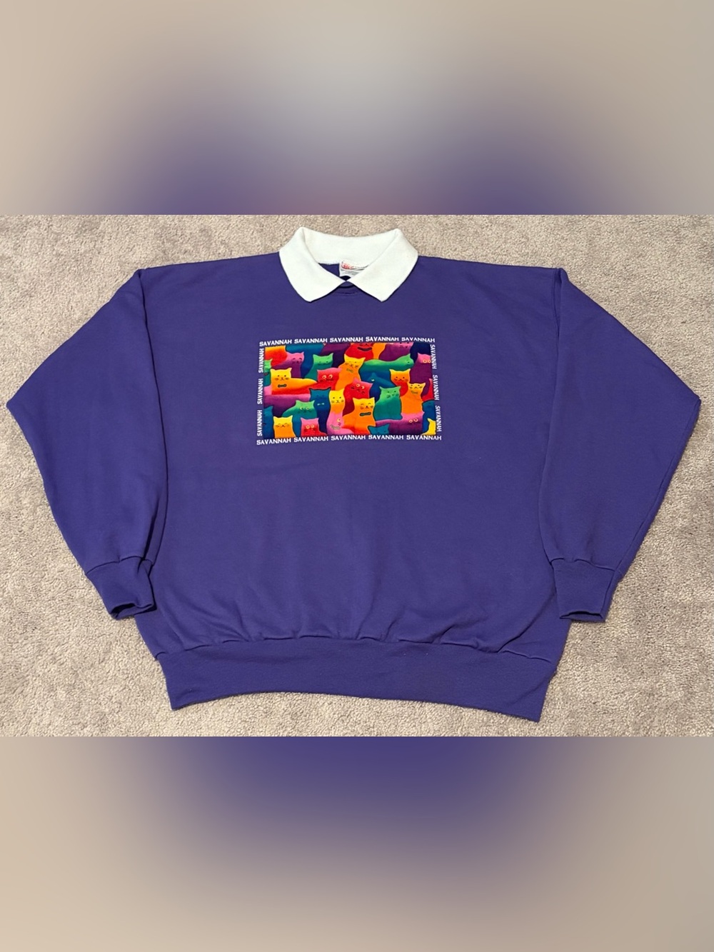 VTG Hanes Purple Grandma Colorful Cat Collared Sweater Women’s Size Large
